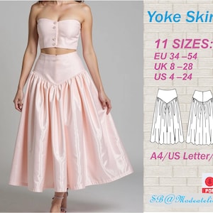 Yoke Skirt Sewing Pattern/Boho Skirt Pattern/Maxi Drop Waist Skirt Pattern/Vintage Skirt Pattern/Gathered Skirt with Yoke/Plus Size Skirt