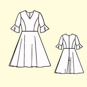 K&ouml;nnte beinhalten: Linienzeichnung von zwei Kleidern mit V-Ausschnitt und kurzen, ausgestellten &Auml;rmeln. Das Kleid links hat einen vollen Rock, w&auml;hrend das Kleid rechts einen Schlitz im R&uuml;cken hat.