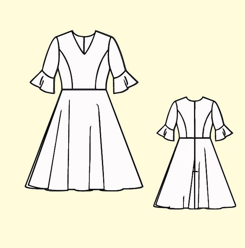 K&ouml;nnte beinhalten: Linienzeichnung von zwei Kleidern mit V-Ausschnitt und kurzen, ausgestellten &Auml;rmeln. Das Kleid links hat einen vollen Rock, w&auml;hrend das Kleid rechts einen Schlitz im R&uuml;cken hat.