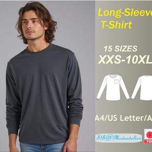 Può includere: Un cartamodello digitale per una t-shirt a maniche lunghe. Il cartamodello include 15 taglie, dalla XXS alla 10XL, ed è disponibile nei formati A4, US Letter e A0. Il cartamodello è disponibile per il download in PDF. Il testo "Long-Sleeve T-Shirt" e "15 SIZES XXS-10XL" è visualizzato in testo giallo su sfondo bianco. Il testo "A4/US Letter/A0" è visualizzato in testo nero su sfondo bianco. Il testo "SB@Modeatelier" è visualizzato in testo blu su sfondo bianco. Il testo "PDF" è visualizzato in testo rosso su sfondo bianco.