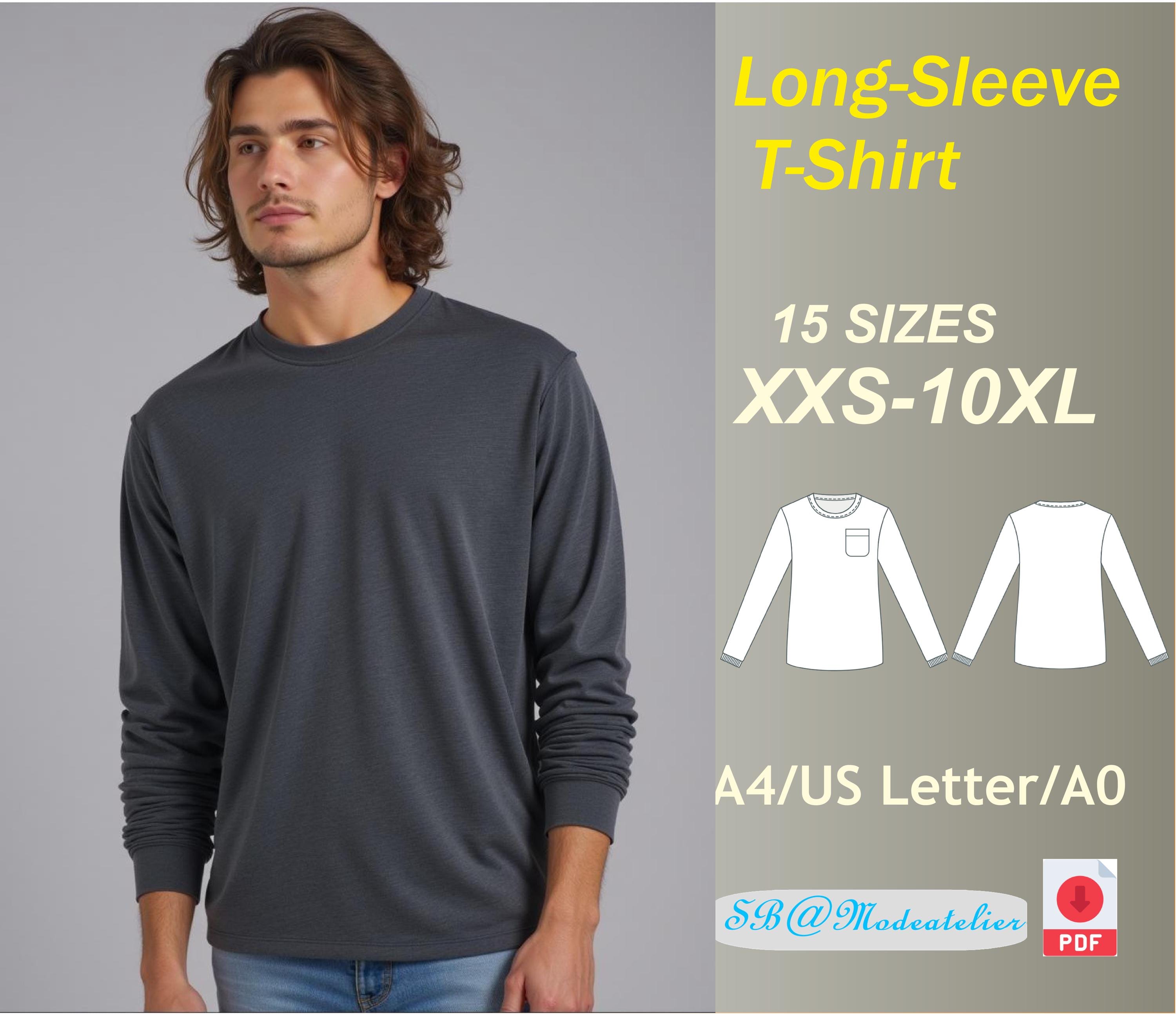 Men's Long Sleeve T-shirt Sewing Pattern: XXS-10XL (PDF Pattern