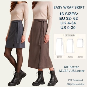 3-in-One Wrap Skirt Sewing Pattern, Wrap Skirt with Ties, A-Line Midi Skirt Pattern, Plus Size Skirt (PDF Download)