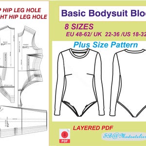 Peut inclure: Un dessin au trait noir et blanc d'un patron de body avec des instructions pour différentes hauteurs de trous de hanche et de jambe. Le texte "Basic Bodysuit Block" est en haut de l'image. Le texte "8 SIZES" est en dessous. Le texte "EU 48-62/UK 22-36/US 18-32" est en dessous. Le texte "Plus Size Pattern" est en dessous. Le texte "LAYERED PDF" est en bas de l'image. Le texte "SB@Modeatelier" est en dessous.