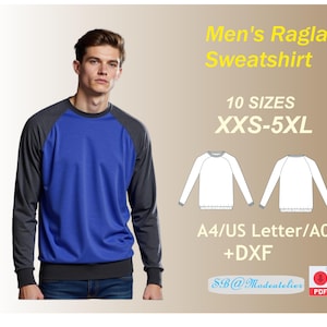 May include: A digital sewing pattern for a raglan sweatshirt in 10 sizes, from XXS to 5XL. The pattern includes instructions for cutting and sewing the sweatshirt, and is available in A4, US Letter, and A0 formats, as well as DXF format. The pattern is available as a PDF download.