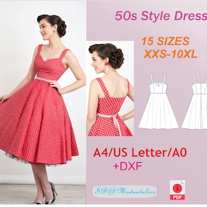 Puede incluir: Un patrón de costura digital para un vestido estilo años 50 en 15 tallas, desde la XXS hasta la 10XL. El patrón incluye instrucciones para coser el vestido y está disponible en tamaños A4, US Letter y A0, así como en formato DXF.