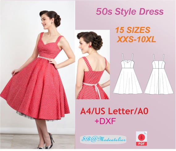 1950s Style Rockabilly Dress Pattern: Sweetheart Neckline, Plus Size (PDF Pattern)