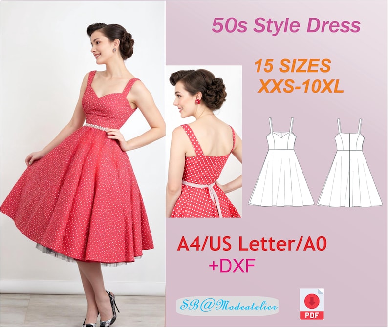 Puede incluir: Un patr&oacute;n de costura digital para un vestido estilo a&ntilde;os 50 en 15 tallas, desde la XXS hasta la 10XL. El patr&oacute;n incluye instrucciones para coser el vestido y est&aacute; disponible en tama&ntilde;os A4, US Letter y A0, as&iacute; como en formato DXF.