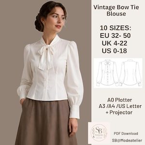 Puede incluir: Una blusa blanca de manga larga con lazo en el cuello, cierre frontal de botones y puños. El texto incluye: Vintage Bow Tie Blouse, 10 SIZES: EU 32- 50, UK 4-22, US 0-18, A0 Plotter, A3 /A4 /US Letter + Projector, PDF Download, SB@Modeatelier.