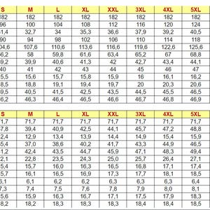 May include: A size chart for clothing in both centimetres and inches. The chart lists sizes from XXS to 10XL and includes measurements for height, bust chest circumference, upper arm circumference, waist circumference, hips circumference, thigh circumference, knee circumference, neck circumference, shoulder width, wrist circumference, back width, and back length.