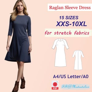 Pode incluir: Um padrão de costura digital para um vestido de manga raglan em 15 tamanhos, do XXS ao 10XL. O padrão é projetado para tecidos elásticos e está disponível nos tamanhos A4, US Letter e A0. O padrão está à venda por SB@Modeatelier.