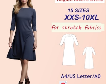 Raglan Sleeve Dress Pattern: Stretch Fabric, XXS-10XL (PDF Pattern)