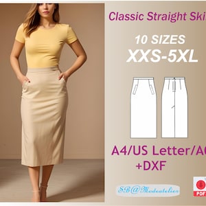 May include: A digital sewing pattern for a classic straight skirt. The pattern includes 10 sizes, from XXS to 5XL, and is available in A4, US Letter, and A0 formats, as well as DXF. The pattern is for a skirt with pockets and a straight silhouette.