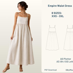May include: A beige empire waist dress with thin spaghetti straps and a floor-length skirt. The image includes text: Empire Waist Dress, 8 SIZES: XXS - 3XL, A0 Plotter, A3 /A4 /US Letter, PDF Download, SB@Modeatelier, and a line drawing of the dress.