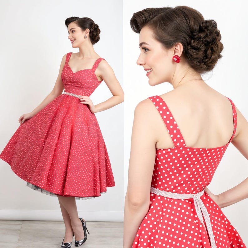 Puede incluir: Un vestido rojo de lunares con escote de coraz&oacute;n y tirantes finos. El vestido tiene un cintur&oacute;n blanco y una falda completa.