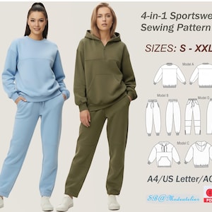 May include: Two women model sportswear sets in the image. One set is light blue, the other is olive green. The image includes a sewing pattern with diagrams for different sportswear styles. Text on the image reads "4-in-1 Sportswear Sewing Pattern" and "SIZES: S - XXL."