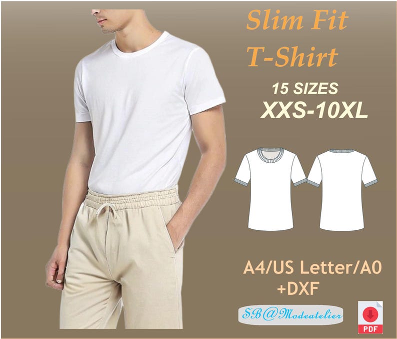May include: A white slim fit t-shirt mockup with a model wearing the shirt and a pair of beige trousers. The image also includes a technical drawing of the t-shirt in front and back views. The text "Slim Fit T-Shirt", "15 SIZES", "XXS-10XL", "A4/US Letter/A0 +DXF", "SB@Modeatelier", and "PDF" is included in the image.