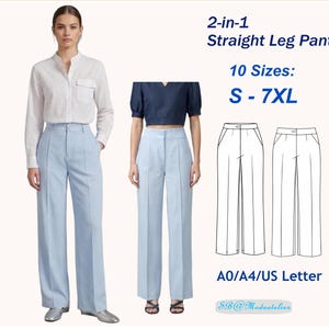 Könnte beinhalten: Das Bild zeigt hellblaue Hose mit geradem Bein. Der Text lautet "2-in-1 Straight Leg Pants" und "10 Größen: S - 7XL". Das Bild enthält auch eine Strichzeichnung der Hose und den Text "A0/A4/US Letter" und "SB@Modeatelier".