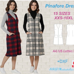 Peut inclure: Deux femmes portent des robes chasubles. L'une est à carreaux rouges et marine, l'autre à carreaux crème et noirs. Les deux ont un col en V, des poches et une fermeture éclair. Le texte sur l'image indique "Pinafore Dress, 15 Sizes, XXS-10XL."