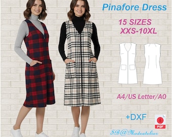 Pinafore Dress Sewing Pattern with Front Pockets: V- Neck Dress /Plus Size Pinafore Dress with Front Zipper (PDF Pattern)