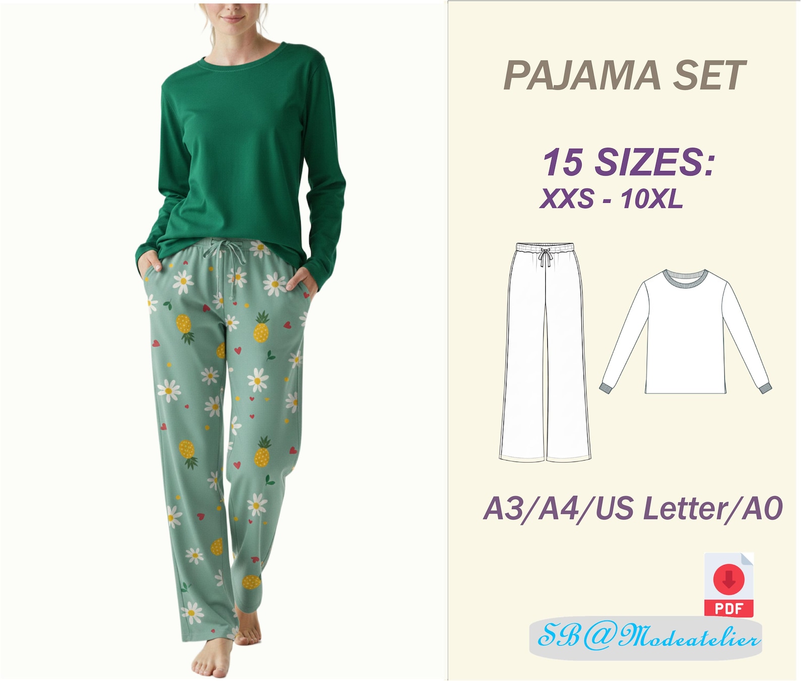 Women's Pajama Set Sewing Pattern PDF, Wide Leg Pants and Long Sleeve ...