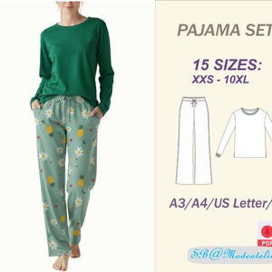 Patrón de costura para pijama de mujer (PDF), pantalón ancho y camiseta de manga larga, ropa de estar cómoda, patrón de pijama fácil para principiantes.