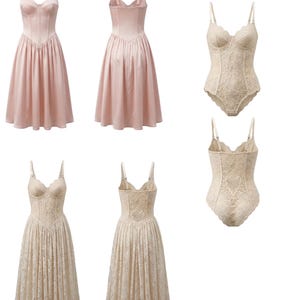 May include: Examples of garment designs created using a basic body block sloper. The image shows a pink satin dress, a lace bodysuit, and a lace dress. The text at the top reads: "Here are examples of the garment designs you can create using this basic Body block sloper."