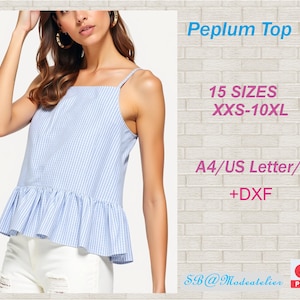 May include: A light blue and white striped peplum top with thin straps and a square neckline. The top has a ruffled hem. Text on the image reads "Peplum Top", "15 SIZES XXS-10XL", and "A4/US Letter/AO +DXF".