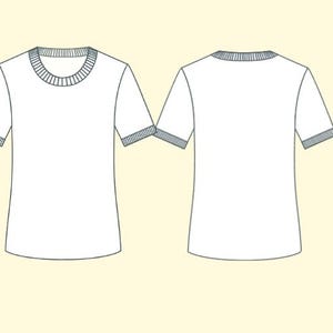 May include: A white t-shirt with short sleeves and a ribbed crew neck.