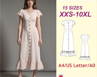 May include: A light beige midi dress with flared sleeves, a round neckline, and a front button placket. The image includes text reading FLARED SLEEVE DRESS, 15 SIZES XXS-10XL, A4/US Letter/A0, and a PDF icon, alongside a technical line drawing of the dress.