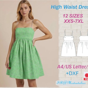May include: A light green high-waist dress with a floral pattern, featuring thin straps and a flared skirt. The image includes a diagram of the dress and text that reads "High Waist Dress", "12 SIZES XXS-7XL", and "A4/US Letter/AO +DXF".