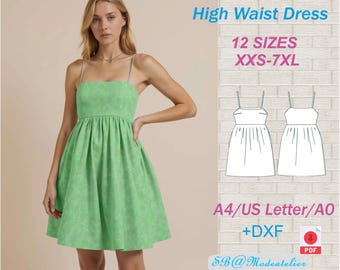 High Waist Babydoll Dress Pattern: Strappy Mini Sundress (PDF Download, XXS-7XL)