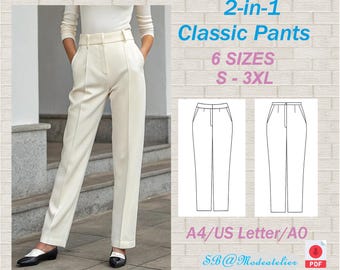 Patrón de costura para pantalón clásico de mujer: cintura alta/baja (patrón PDF)