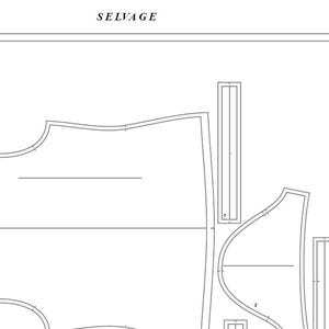 May include: A black and white sewing pattern for a garment with the word "SELVAGE" at the top of the page.