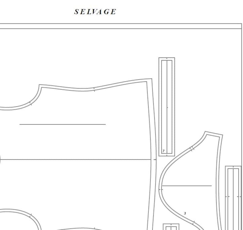 May include: A black and white sewing pattern for a garment with the word "SELVAGE" at the top of the page.