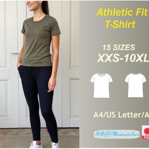 Puede incluir: Un patrón de descarga digital para una camiseta de ajuste atlético. El patrón está disponible en 15 tallas, desde la XXS hasta la 10XL. El patrón se imprime en papel A4, US Letter o A0. El patrón está disponible en formato PDF. La imagen muestra a una mujer con una camiseta verde.