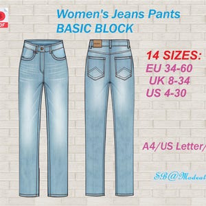 Könnte beinhalten: Hellblaue Jeanshose, Vorder- und Rückansicht, mit einem Basic-Block-Design. Das Bild enthält Text mit 14 verfügbaren Größen, darunter EU 34-60. Das Design ist für A4/US Letter/AO.