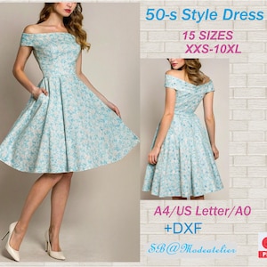 Peut inclure: Une robe bleu clair de style années 50 avec un col bateau et une jupe évasée. La robe présente un motif floral et des poches. L'image comprend également le texte "50-s Style Dress" et "15 SIZES XXS-10XL".