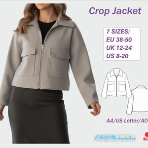 Patrón de costura para chaqueta corta / Patrón de chaqueta corta con cremallera / Chaqueta corta de lana / Patrón PDF para prendas con capas