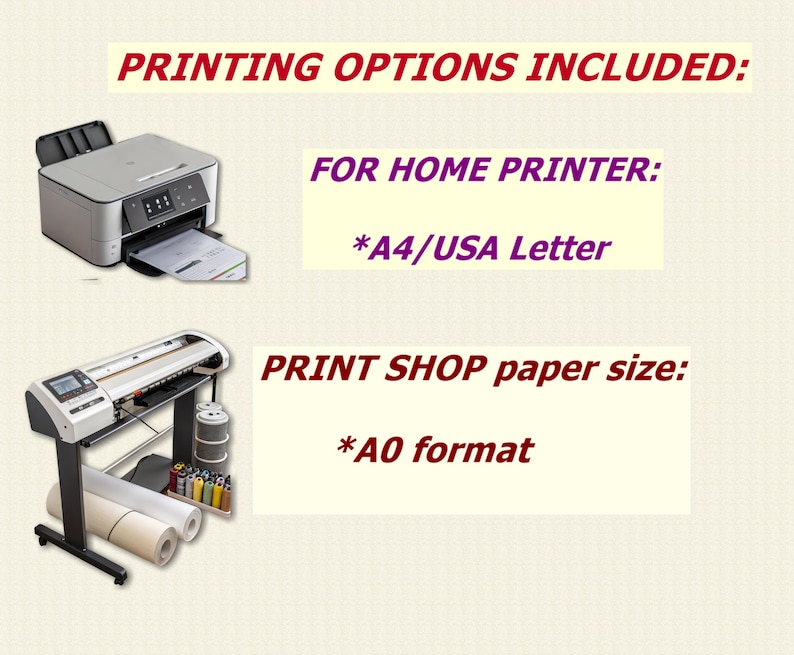 May include: A white inkjet printer and a large format plotter with rolls of paper. The text reads "PRINTING OPTIONS INCLUDED: FOR HOME PRINTER: *A4/USA Letter PRINT SHOP paper size: *A0 format"