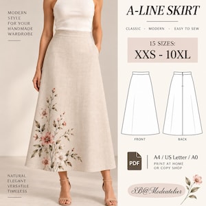 Puede incluir: Una falda de corte en A color beige con un estampado floral en el lado inferior izquierdo. El texto dice A-LINE SKIRT, 15 SIZES: XXS - 10XL, PDF, A4 / US Letter / A0, PRINT AT HOME OR COPY SHOP, MODERN STYLE FOR YOUR HANDMADE WARDROBE, NATURAL ELEGANT VERSATILE TIMELESS.