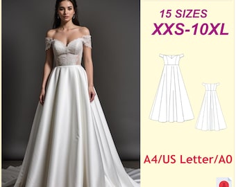 Off Shoulder Wedding Dress Sewing Pattern: Flared Gown, Plus Size (PDF Pattern)