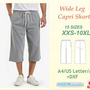 Może przedstawiać: Cyfrowy wzór szycia na szerokie spodnie capri. Wzór zawiera 15 rozmiarów, od XXS do 10XL, i jest dostępny w formatach A4, US Letter i A0. Wzór zawiera również plik DXF.
