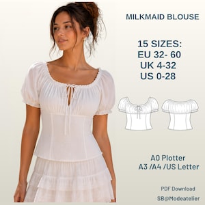 Op de afbeelding: Een witte milkmaid-blouse met korte pofmouwen, een vierkante halslijn en een striksluiting aan de voorzijde. De tekst luidt MILKMAID BLOUSE, 15 SIZES: EU 32- 60, UK 4-32, US 0-28, A0 Plotter, A3 /A4 /US Letter, PDF Download, SB@Modeatelier.