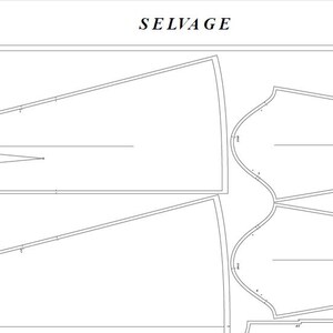 May include: A black and white line drawing of a sewing pattern for a garment. The pattern includes two pieces, one for the front and one for the back. The pattern is labeled "SELVAGE".