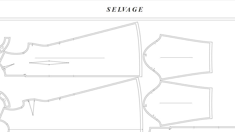 May include: A black and white line drawing of a sewing pattern for a garment. The pattern includes two pieces, one for the front and one for the back. The pattern is labeled "SELVAGE".