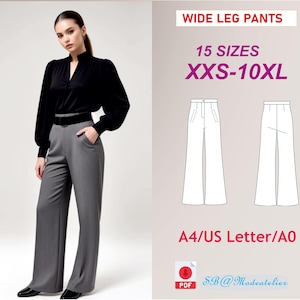 Pode incluir: Um padrão de costura digital para calças de perna larga em 15 tamanhos, do XXS ao 10XL. O padrão está disponível nos tamanhos A4, US Letter e A0. A imagem mostra uma mulher usando as calças e um desenho de linha das calças.