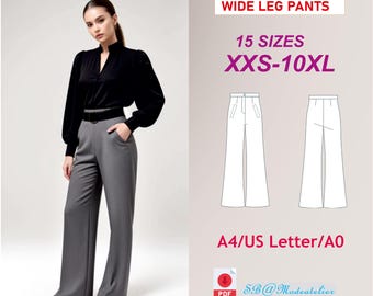 May include: A digital sewing pattern for wide leg pants in 15 sizes, from XXS to 10XL. The pattern is available in A4, US Letter, and A0 sizes. The image shows a woman wearing the pants, and a line drawing of the pants.