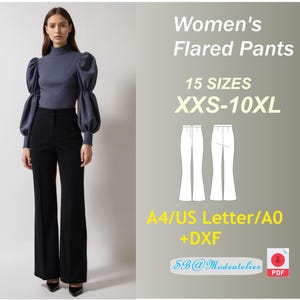 May include: A digital download pattern for flared trousers in 15 sizes, from XXS to 10XL. The pattern is available in A4, US Letter, and A0 formats, as well as DXF. The image shows a woman wearing a blue turtleneck top and black flared trousers.
