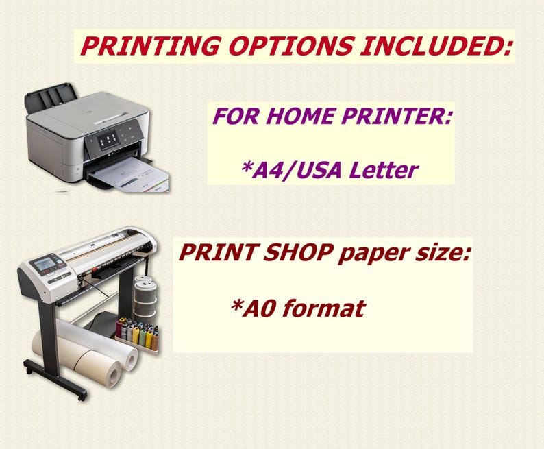 May include: A white inkjet printer and a large format plotter with rolls of paper. The text reads "PRINTING OPTIONS INCLUDED: FOR HOME PRINTER: *A4/USA Letter PRINT SHOP paper size: *A0 format"