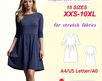Mönster för klänning med raglanärm: Plusstorlek XXS-10XL (PDF-mönster)